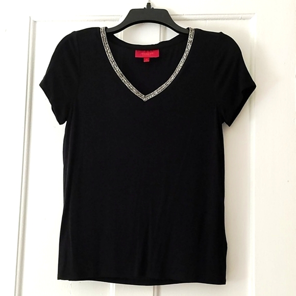 JENNIFER LOPEZ BLACK SHORT SLEEVE SWEATER RHINESTONE COLLAR NECKLINE-SIZE XS - Picture 1 of 9